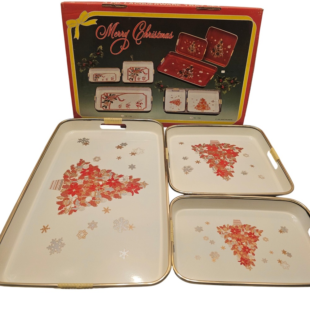 Vintage Christmas Lacquerware Nesting Tray Set 3pc Poinsettia Tree Japan NOS
